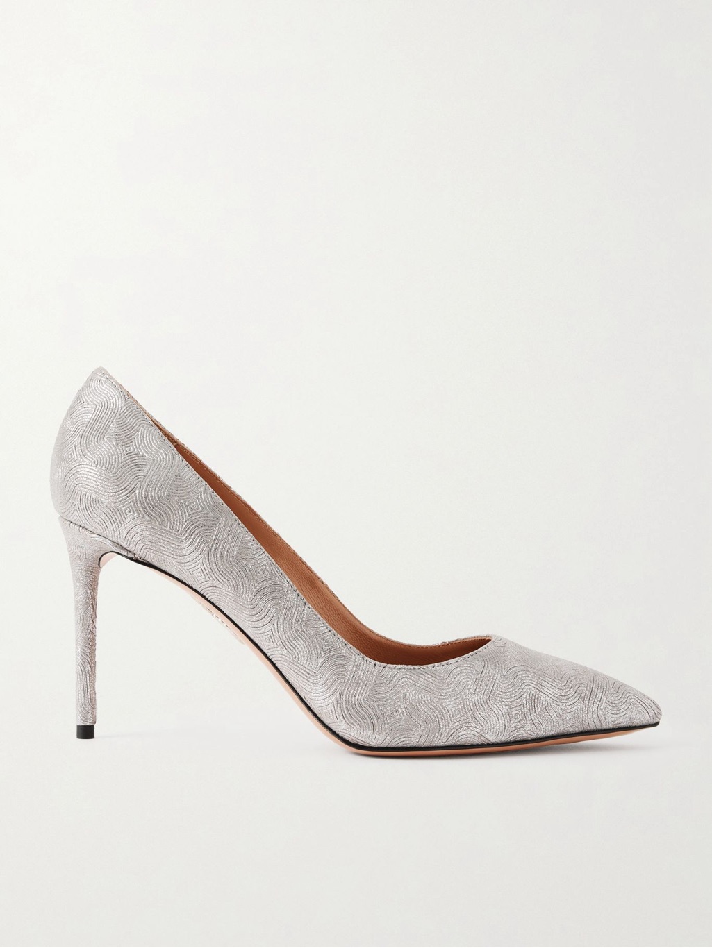 Aquazzura Purist 85 Pumps In A Silver Metallic Leather Geometric Wave Size 38
